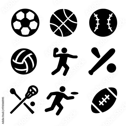 Sports silhouette icon set. featuring soccer, basketball, baseball, volleyball, football, lacrosse, frisbee.