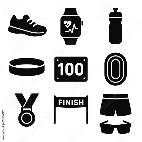 Running silhouette icon set. featuring shoe, smartwatch, water bottle, track, medal, finish line, shorts, sunglasses