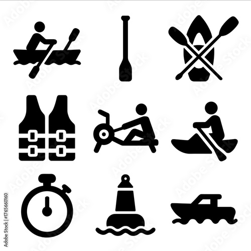 Water sports silhouette icon set. featuring kayaking, rowing, paddling, life vest, stopwatch, buoy, boat