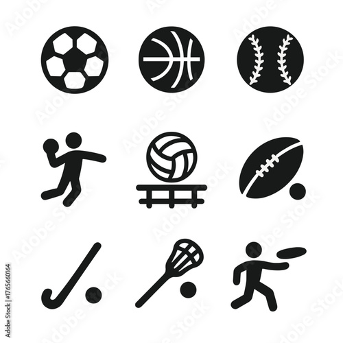 Sports silhouette icon set. featuring soccer, basketball, baseball, football, volleyball, lacrosse, frisbee, and field hockey symbols