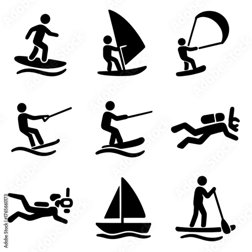 Water sports silhouette icon set. featuring surfing, windsurfing, kitesurfing, water skiing, diving, sailing, paddleboarding symbols