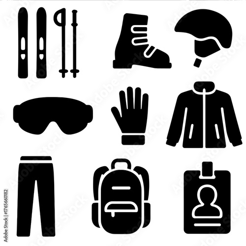 Winter sports equipment silhouette icon set. featuring skis, poles, boots, helmet, goggles, gloves, jacket, pants, backpack, badge
