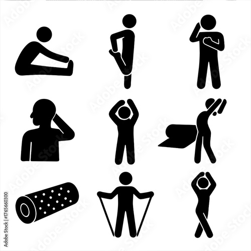 Fitness exercise silhouette icon set. featuring stretching, yoga, pilates, warm-up, and workout symbols