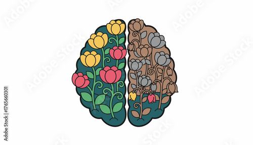 Brain imagery showing a healthy, vibrant side with colorful, growing flowers contrasted with a dull, withered side representing mental health and emotional well being versus decay