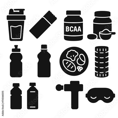 Fitness and supplement silhouette icons set. featuring shaker, protein bar, bcaa, and massage gun symbols