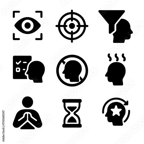 Business and mindset silhouette icon set. featuring eye, target, filter, checklist, thinking, meditation, sandglass