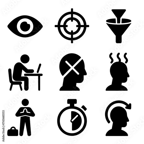 Work and focus silhouette icon set. featuring eye, target, funnel, desk, head, meditation, timer, reset symbols