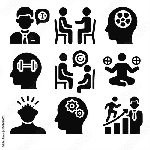 Business coaching silhouette icon set. featuring mentoring, meeting, brainstorming, growth, and meditation symbols