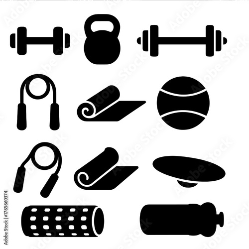 Fitness equipment silhouette icon set. featuring dumbbell, kettlebell, jump rope, yoga mat, foam roller, and water bottle