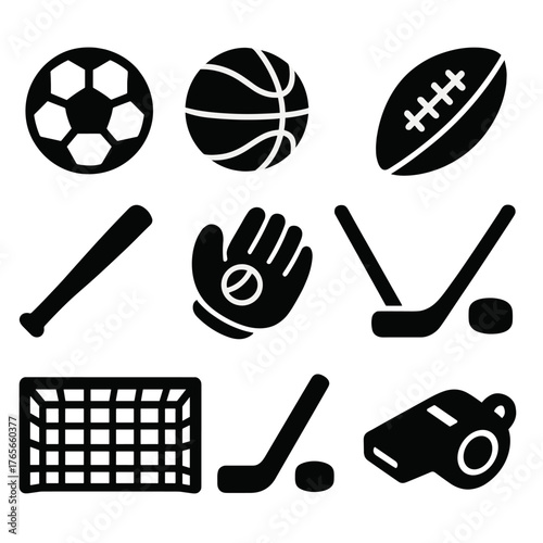 Sports equipment silhouette icon set. featuring basketball, soccer ball, football, baseball, hockey, glove, puck, net, whistle