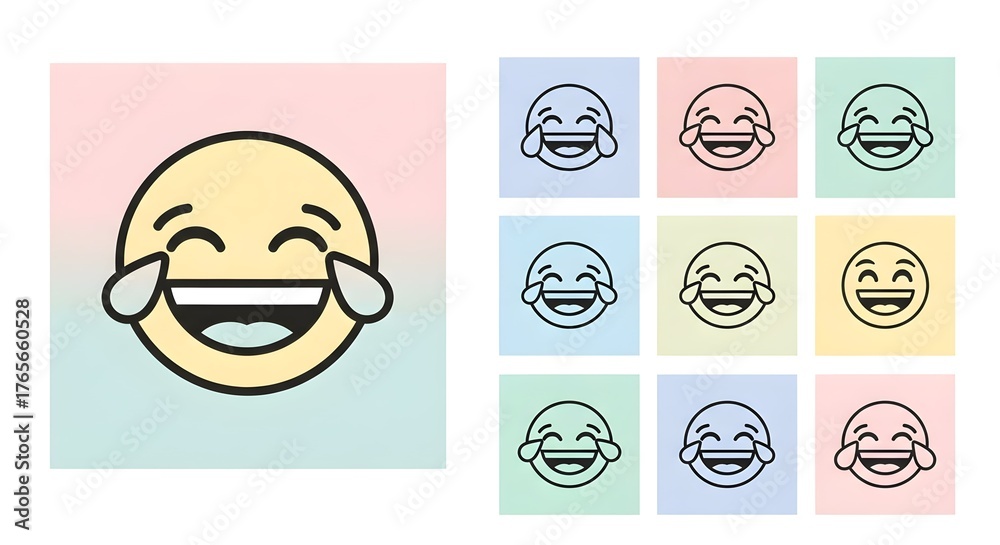 Obraz premium Joyful laughing emoji faces with tears of joy, radiating happiness and humor across vibrant pastel backgrounds
