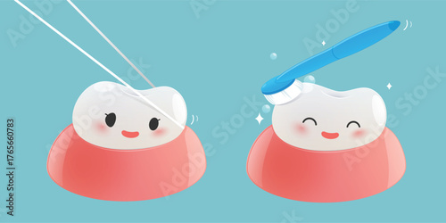 Cute illustration cartoon set showing Brushing teeth and Dental floss with smiling tooth characters promoting oral hygiene