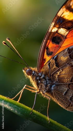 Stunning macro detail of a vibrant butterfly perched on a green stem, bathed in warm golden hour sunlight