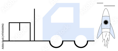 Simplified truck carrying a box next to a launching rocket, combining transportation, delivery, and innovation. Ideal for services, logistics, shipping, technology startups speed progress. A