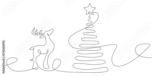 Vector Christmas card in line art style. Festive sketch. Deer, christmas tree, bell isolated on white background. Continuous line drawing christmas toys
