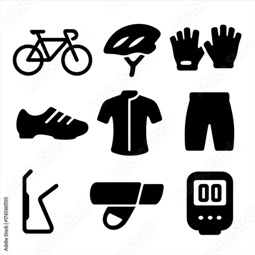 Cycling equipment silhouette icon set. featuring bicycle, helmet, gloves, shoes, jersey, shorts, bottle holder, handlebar, computer