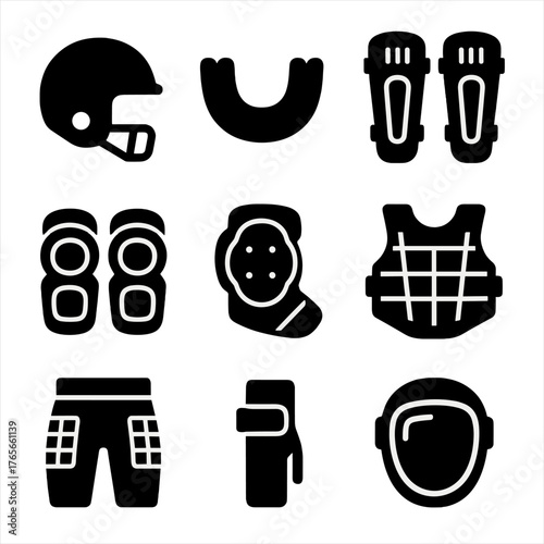 Football equipment silhouette icon set. featuring helmet, pads, vest, pants, braces, and mask