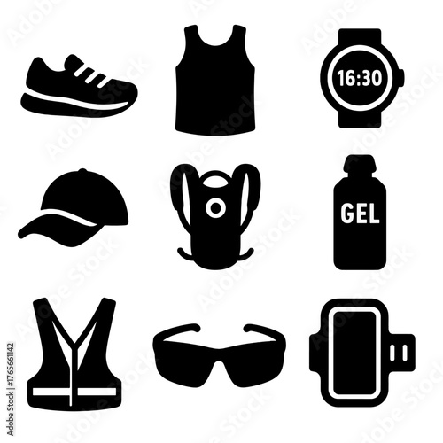 Running gear silhouette icon set. featuring shoes, vest, watch, cap, backpack, bottle, sunglasses