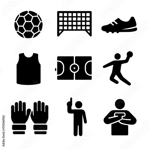 Sports silhouette icon set. featuring soccer ball, goal net, sneaker, jersey, field, player, gloves, referee
