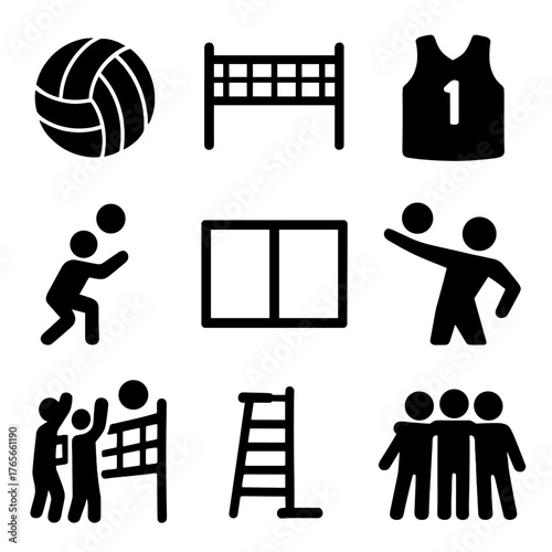 Sports silhouette icon set. featuring volleyball, net, jersey, player, court, teamwork, and ladder icons