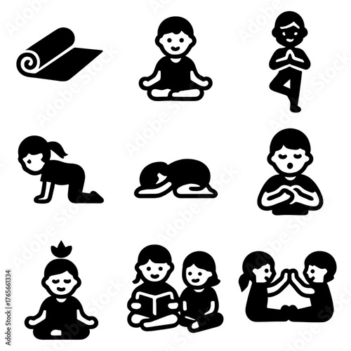Yoga poses silhouette icon set. featuring meditation, lotus, child, cat-cow, yoga mat, and partner yoga