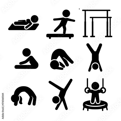 Gymnastics silhouette icon set. featuring balance beam, bars, floor exercise, and rings symbols