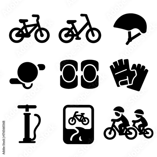 Cycling gear silhouette icon set. featuring bicycle, helmet, mirror, goggles, gloves, pump, bike path