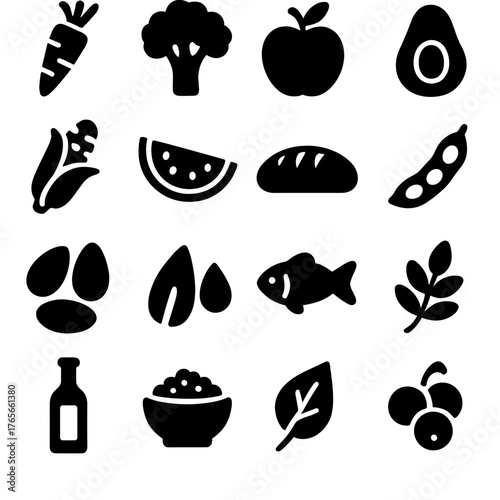 Food and ingredients silhouette icon set. featuring carrot, broccoli, apple, avocado, corn, watermelon, bread, pea, egg, fish