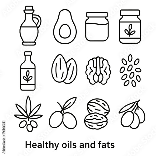 Healthy oils and fats linear icon set. featuring olive oil, avocado, coconut, almonds, walnuts, peanuts, and olives