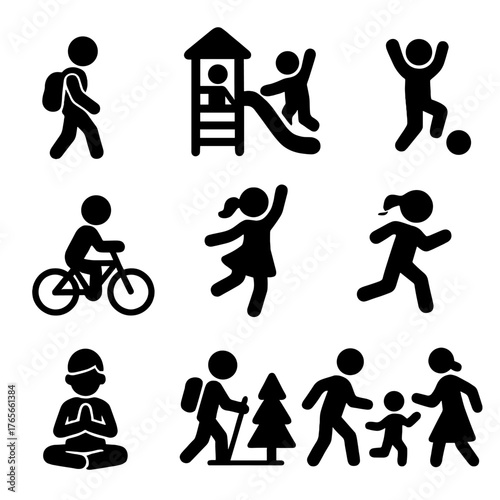 Outdoor activities silhouette icon set. walking, playground, soccer, cycling, dancing, running, meditation, hiking, family