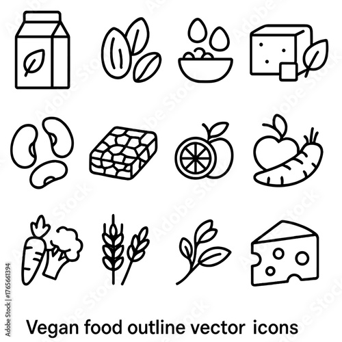 Vegan food linear icon set. featuring tofu, broccoli, apple, carrot, cheese, and grain symbols
