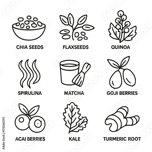 Superfood linear icon set. featuring chia seeds, flaxseeds, quinoa, spirulina, matcha, goji berries, and kale symbols