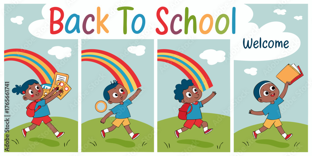 Fototapeta premium Four vertical posters, each promoting Back to School. Each poster features a child, depicted in a cartoon style. Children are various ages, diverse in ethnicity, dressed in simple, colorful clothing