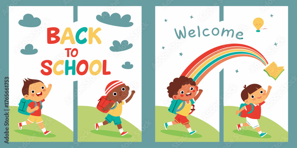 Obraz premium Four vertical posters, each promoting Back to School. Each poster features a child, depicted in a cartoon style. Children are various ages, diverse in ethnicity, dressed in simple, colorful clothing