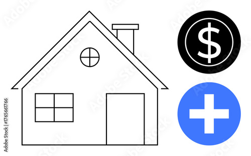 Minimalist house outline alongside a dollar sign and a plus symbol. Ideal for real estate, mortgage, home investment, finance, renovations, savings, and decision-making themes. A simple flat metaphor