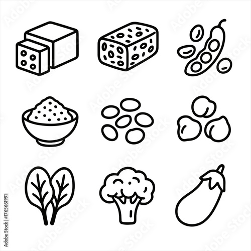 Plant-based food linear icon set. featuring tofu, tempeh, edamame, lentils, chickpeas, spinach, broccoli, and eggplant icons