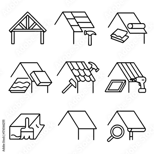 Roofing linear icons set. featuring gable, shingles, hammer, roll, tiles, insulation, skylight, and magnifying glass symbols