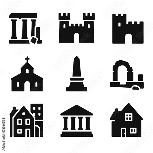 Historical landmarks silhouette icon set. featuring ruins, castle, church, monument, arch, heritage buildings