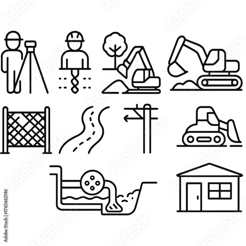 Construction linear icon set. featuring surveyors, drilling, excavator, fence, road, power lines, bulldozer, water management, house