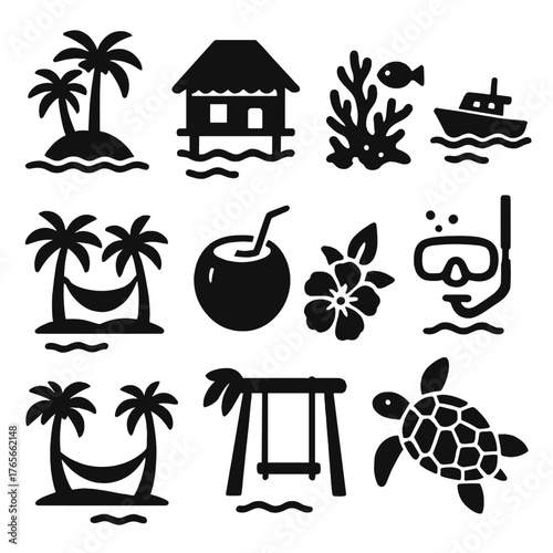 Tropical beach silhouette icon set. featuring island, hut, coral, boat, snorkel, coconut, hammock, swing, turtle