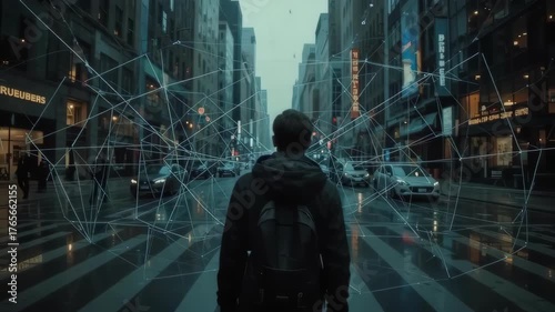 Man Stands in Futuristic Cityscape with Digital Network Overlay