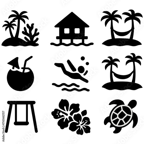 Tropical vacation silhouette icon set. featuring island, bungalow, hammock, coconut, diving, swing, turtle, hibiscus