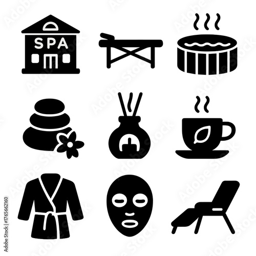Spa and wellness silhouette icon set. featuring spa, hot tub, massage table, aromatherapy, tea, robe, and mask