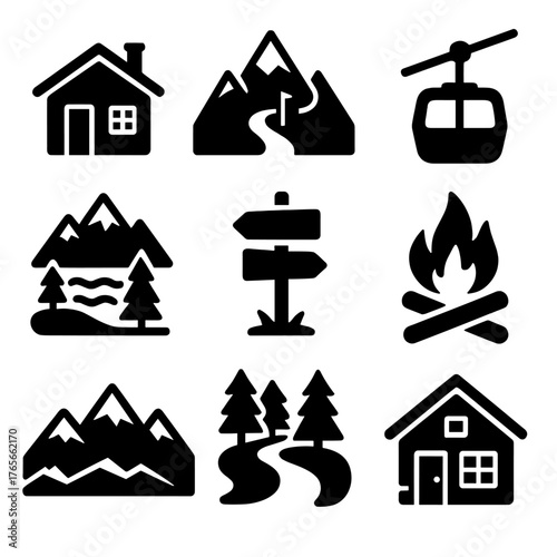 Outdoor adventure silhouette icon set. featuring cabin, mountains, cable car, river, signpost, campfire, trail