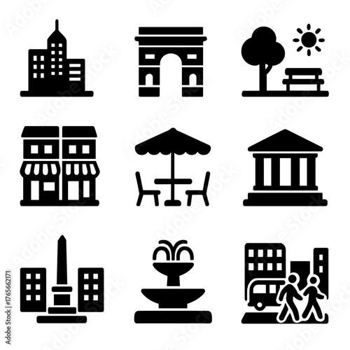 Cityscape silhouette icon set. featuring skyscraper, monument, park, store, cafe, museum, obelisk, fountain, crosswalk