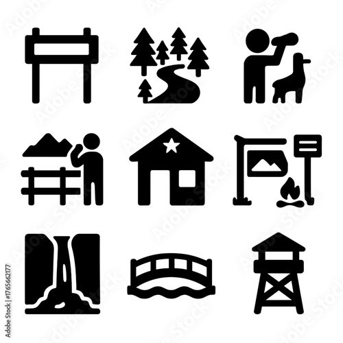 Nature and hiking silhouette icon set. featuring trail, forest, hiker, campsite, waterfall, bridge, and lookout