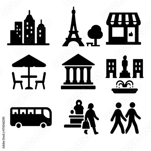 Travel and city silhouette icon set. featuring cityscape, eiffel tower, shop, cafe, museum, bus, walking