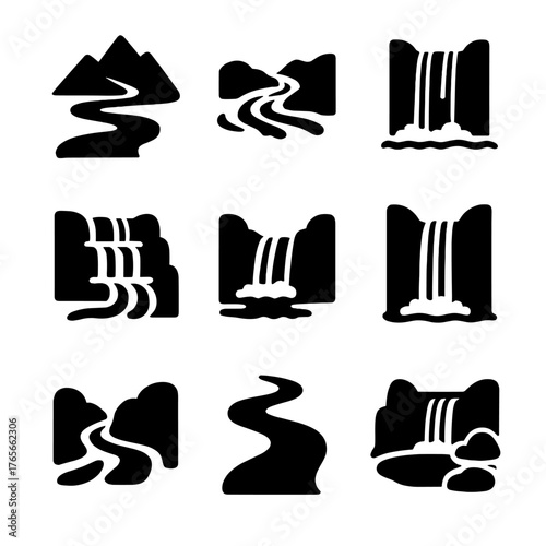 Nature silhouette icon set. featuring mountains, river, and waterfall symbols