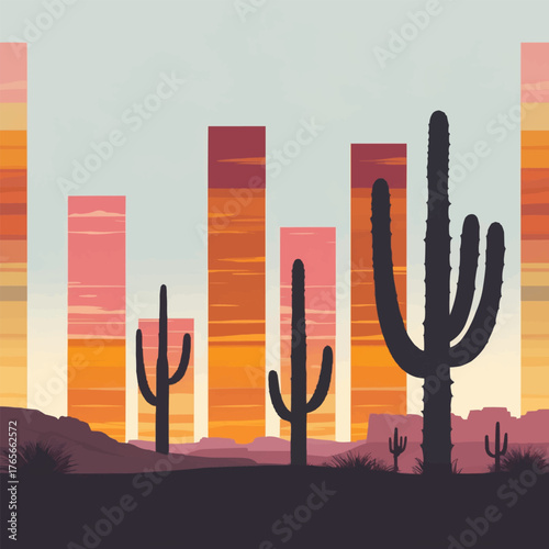 Abstract layered vector illustration of a desert landscape with saguaro cactus silhouettes against large vertical block shapes
