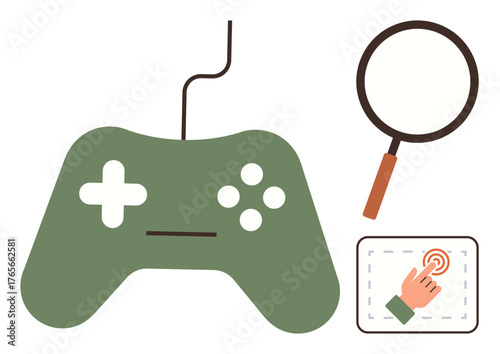 Gaming controller connected by wire, magnifying glass emphasizes focus, hand touches screen for interaction. Ideal for gaming, technology, exploration, focus, interactivity, user experience